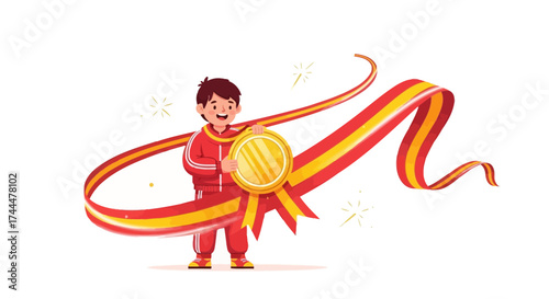 An Animated Champion Celebrating Victory with a Gold Medal and a Stunning Award Ribbon Display