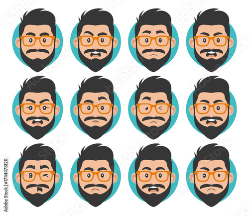 Set of twelve cartoon avatars of a bearded man with glasses showing various facial expressions.