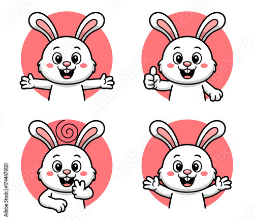 A collection of four cute cartoon rabbit characters with different expressions and poses.