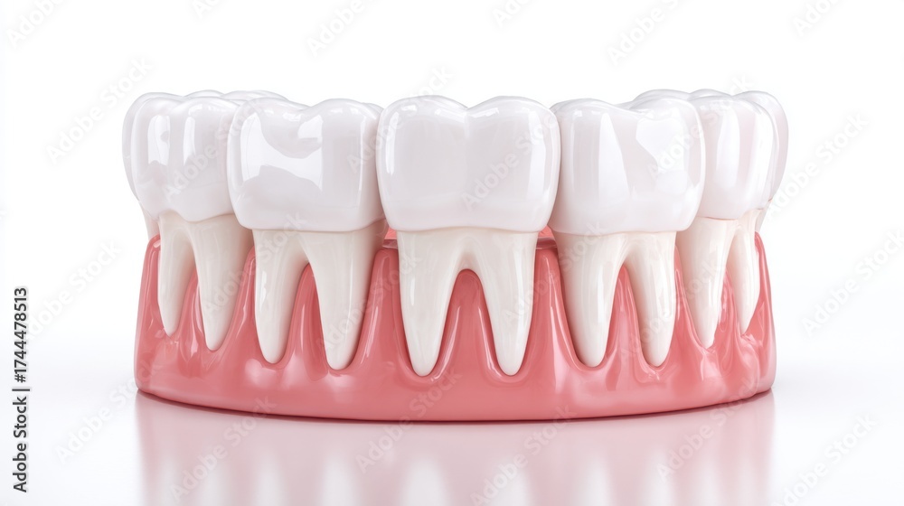 Obraz premium This model showcases a full set of healthy human teeth with well-formed gums. The teeth are white and shiny highlighting good dental hygiene.
