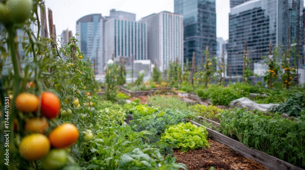 Fototapeta premium This rooftop garden features lush rows of vegetables including tomatoes and greens surrounded by towering city skyscrapers. The scene captures urban agriculture flourishing in a modern environment.