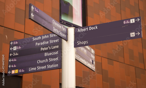 A sign showing the way to points of interest in the City of :Liverpool