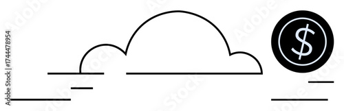 Black cloud graphic with thin horizontal lines and a dollar coin on the right. Ideal for finance, technology, cloud services, digital economy, investment, online transactions, simple flat metaphor
