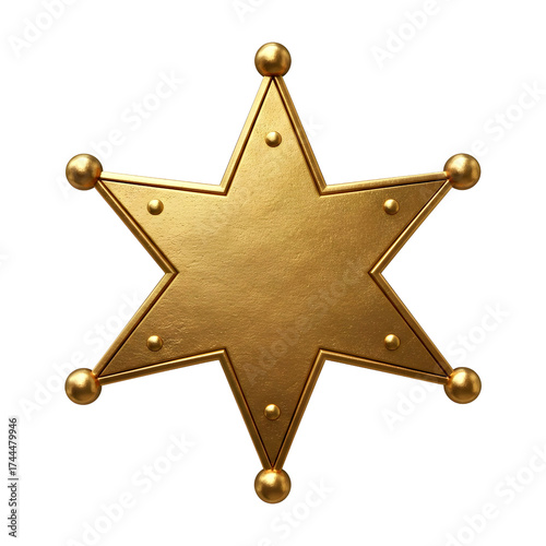 Golden six pointed star sheriff badge with rounded tips isolated on transparent background