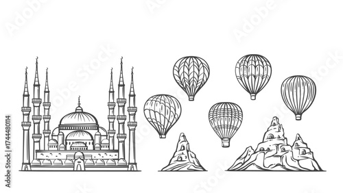Famous Turkish sights with hot air balloons, rock formations, and mosque in cartoon doodle style. Outline vector illustration for travel design, guide, souvenirs, or website.
