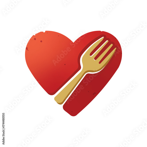 Red heart with a fork, symbolizing love for food, dining, culinary passion, and healthy eating, ideal for restaurants, food blogs, or cooking channels.
