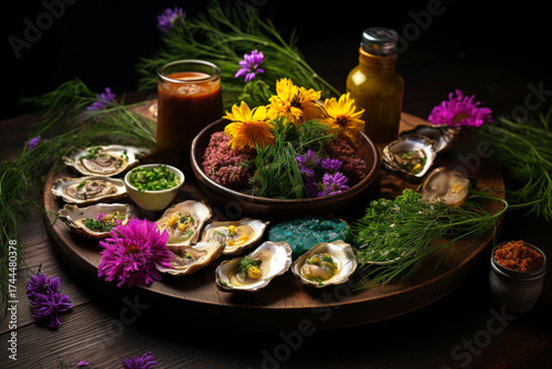 Seafood charcuterie platter with fresh oysters and vibrant floral garnish on wooden serve board