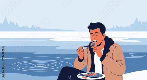 Appreciating Seafood: Leisurely Outdoor Meal With Tranquil Waterside Scenery