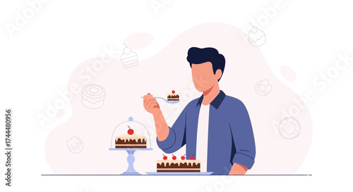 An Illustrated Man Enjoying Dessert and Cake in a Colorful Flat Design Style