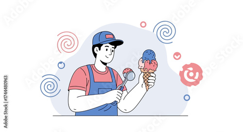 An ice cream vendor preparing a delicious cone for a customer in an illustration