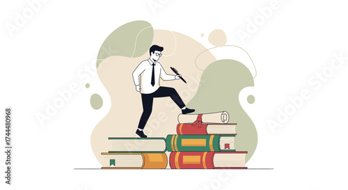 An illustration of a businessman climbing books representing knowledge and education
