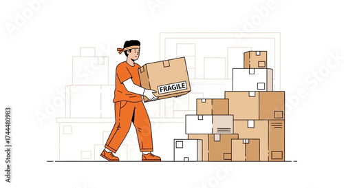 An illustration of a delivery man carrying a fragile package to deliver