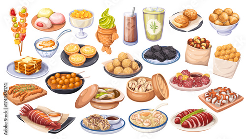 Colorful set of Hong Kong street food desserts, snacks, drinks, and savory dishes. Cartoon vector illustration of Chinese dishes for posters, menus, packaging, or editorial food projects.