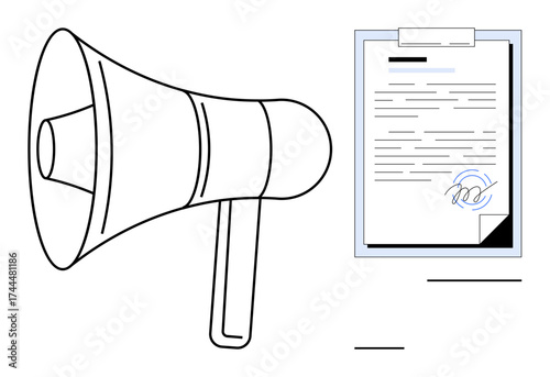 Megaphone beside a signed document highlights communication, contracts, and announcements. Ideal for business, law, marketing, negotiation, partnership, public speaking and corporate messages