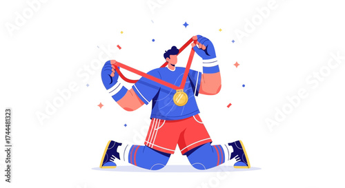 Athlete Celebrating Victory, Gold Medalist, Winner Illustration, Winning Ceremony Concept