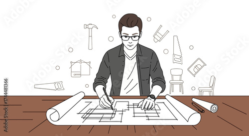 Architect Concentrating On A Blueprint And Construction Drawings, Sketching Future Projects