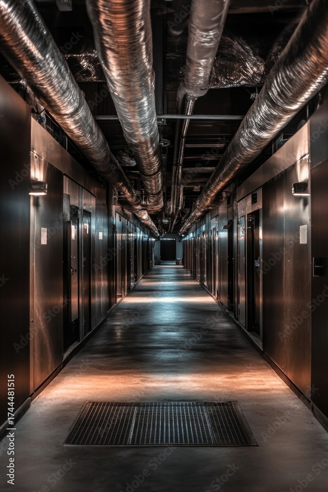 Fototapeta premium Industrial basement hallway with exposed pipes and modern lighting