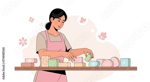 Artisan Craftswoman Presenting Array Of Scented Soaps On Display For Sale and Advertising