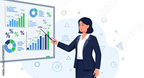 Analyzing Data Presentation Depicting Businesswoman Explaining Charts And Analytics