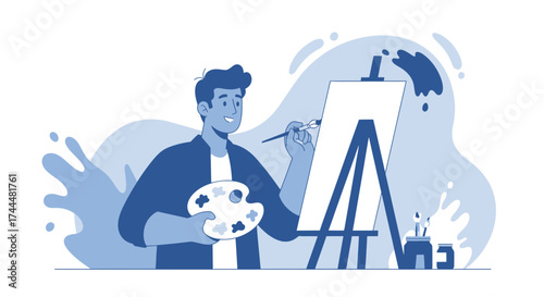 Artist Painting On Canvas, Illustration Depicting Creative Process, Artistic Endeavor