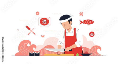 Artistic Japanese Chef Preparing Fish for Sushi Cuisine with Minimalist Style