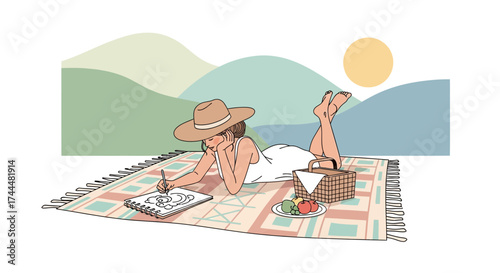 Artistic Leisure: A Woman Relaxing And Sketching On A Picnic Blanket Near Scenic Hills