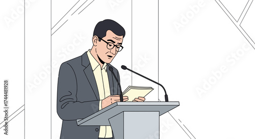 Animated Businessman Reading Papers And Presenting At A Conference Or Formal Event