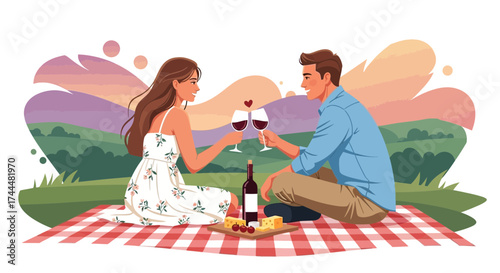 Animated Couple Enjoying Picnic With Wine And Cheese During Sunset In Nature