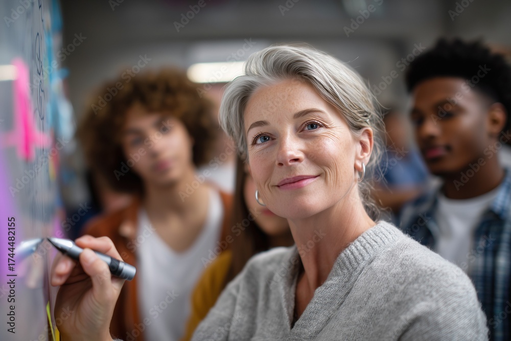 Obraz premium Confident senior female teacher writing on blackboard in classroom with diverse students. Modern education, leadership, knowledge sharing, inspiration and academic success concept.