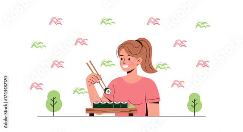 Animated Sushi Lover Enjoying Japanese Cuisine With Chopsticks And Delicious Rolls