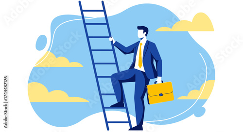 Ascending To Success: A Businessman's Journey Upward On A Career Ladder Towards Ambition