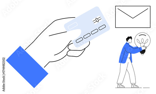 Hand holding credit card, envelope icon, and person carrying glowing idea bulb. Ideal for finance, payment, innovation, communication, business creativity and problem-solving. Simple flat metaphor