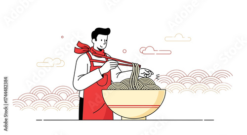 Asian Cuisine Chef Serving Noodles into Bowl against Simple Illustrated Background