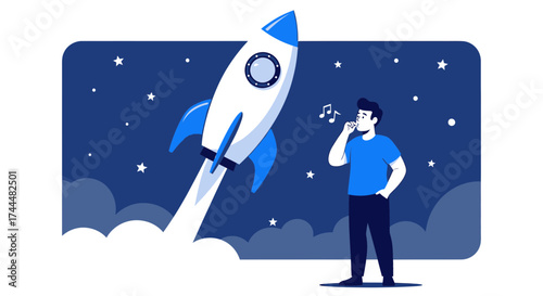 Astronaut Watching Rocket Launch, Whistling, Thinking About Space Travel, Vector Illustration