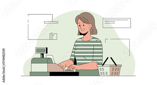 At The Supermarket, Smiling Woman Operates The Cash Register In A Retail Store