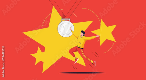 Athlete Celebrates First Place Victory with Silver Medal and Golden Stars Backdrop