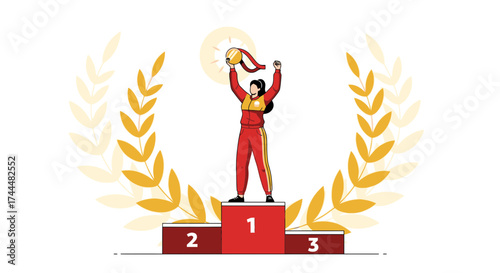 Athlete Celebrates Victory After Reaching Highest Podium Position, Holding Her Golden Medal
