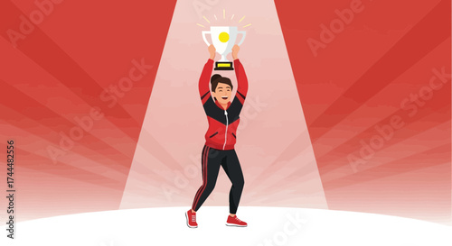 Athlete Celebrates Victory By Holding Up A Trophy Against A Bright Red Background