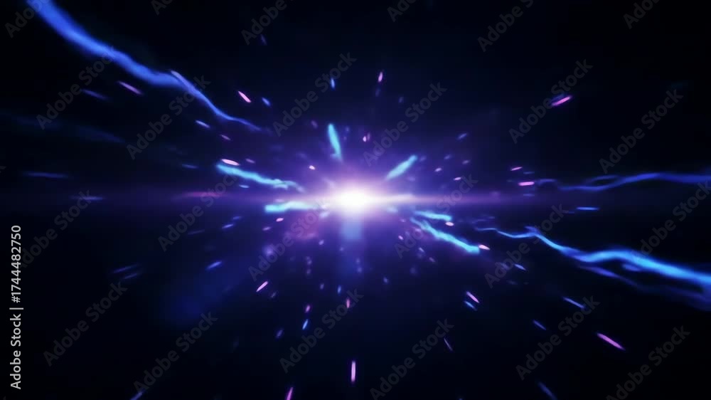 Futuristic hyperspace flight through a glowing cosmic wormhole with blue and purple light streaks