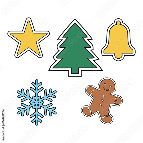 Cute Christmas Cookie Vector Set – Gingerbread Man, Tree, Star, Bell, and Snowflake Holiday Icons