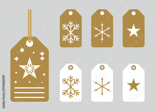 Elegant Christmas Gift Tag Set with Gold and White Snowflake and Star Designs