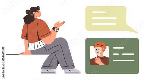 Person gesturing casually while communicating via text message bubbles and avatar profile. Ideal for communication, dialogue, connection, networking, social interaction, online chat, simple flat