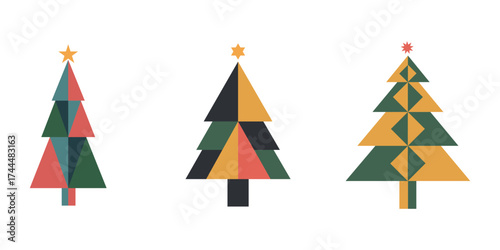 Modern Geometric Christmas Tree Vector Set – Minimal Holiday Tree Clipart with Stars | Abstract Xmas Tree Design for Winter & Festive Projects
