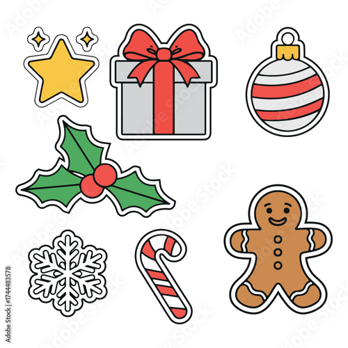 Christmas Icon Vector Set | Cute Holiday Clipart Featuring Gift, Gingerbread, Candy Cane, Snowflake & Ornament | Festive Illustration Bundle
