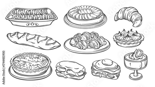 French cuisine line icons set. Outline hand drawn baguette and croissant, hot sandwiches with cheese for breakfast, apple and lemon cream tart. French food mascots, icon collection vector illustration