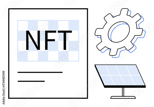 NFT document, gear representing technology, solar panel depicting sustainability. Ideal for blockchain, innovation, renewable energy, technology, digital assets, clean energy simple flat metaphor