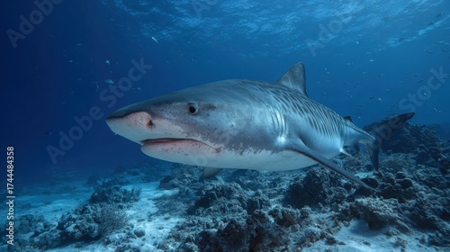 A majestic tiger shark swims effortlessly in clear blue waters showcasing its distinctive striped pattern. The vibrant coral reef below adds beauty to the underwater scene during daytime.