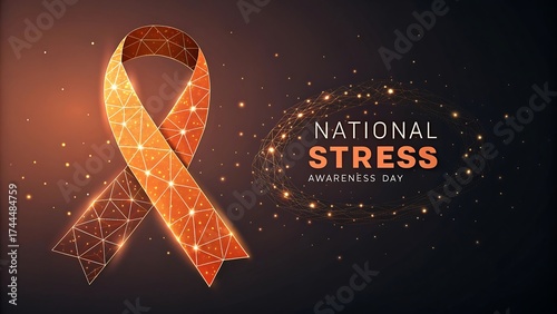 Orange ribbon symbolizes national stress awareness day with digital network elements