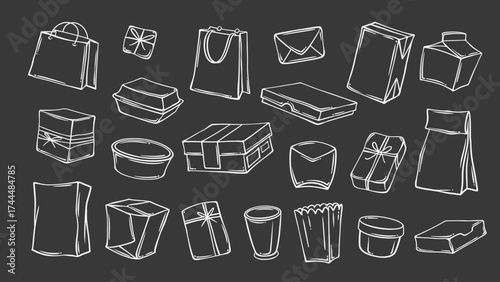 Paper packages line icons set on chalkboard. Outline present box, container for takeaway food, handbag. Product packaging mascot, various eco packages hand drawn icons with chalk vector illustration