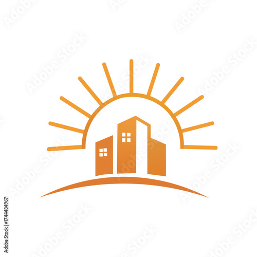 Orange city skyline with buildings and a bright sunrise, symbolizing real estate, urban development, new beginnings, and property investment, ideal for developers or realtors.
